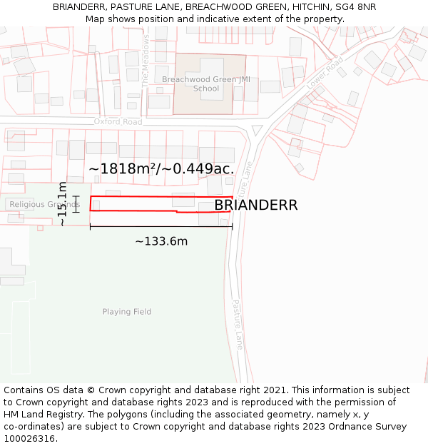 BRIANDERR, PASTURE LANE, BREACHWOOD GREEN, HITCHIN, SG4 8NR: Plot and title map