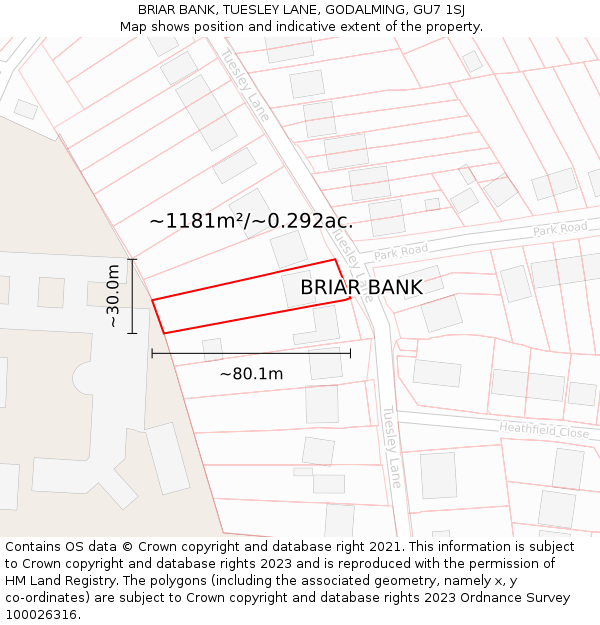 BRIAR BANK, TUESLEY LANE, GODALMING, GU7 1SJ: Plot and title map