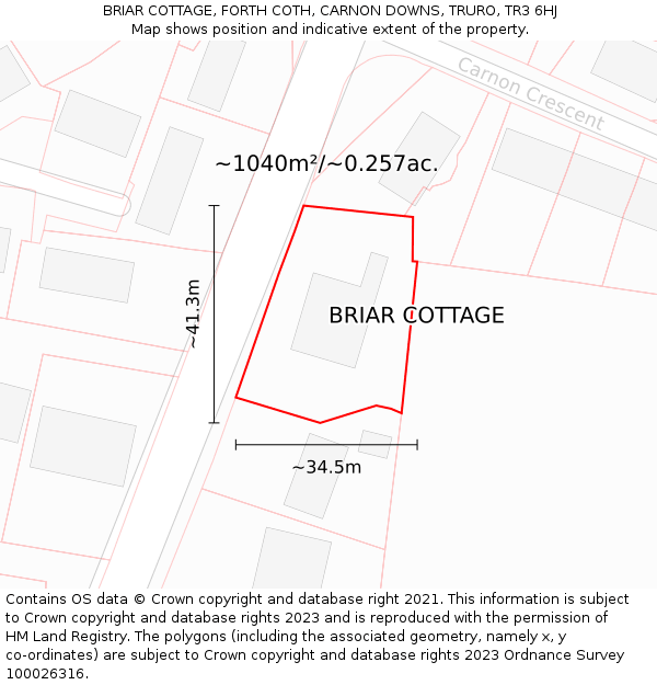 BRIAR COTTAGE, FORTH COTH, CARNON DOWNS, TRURO, TR3 6HJ: Plot and title map