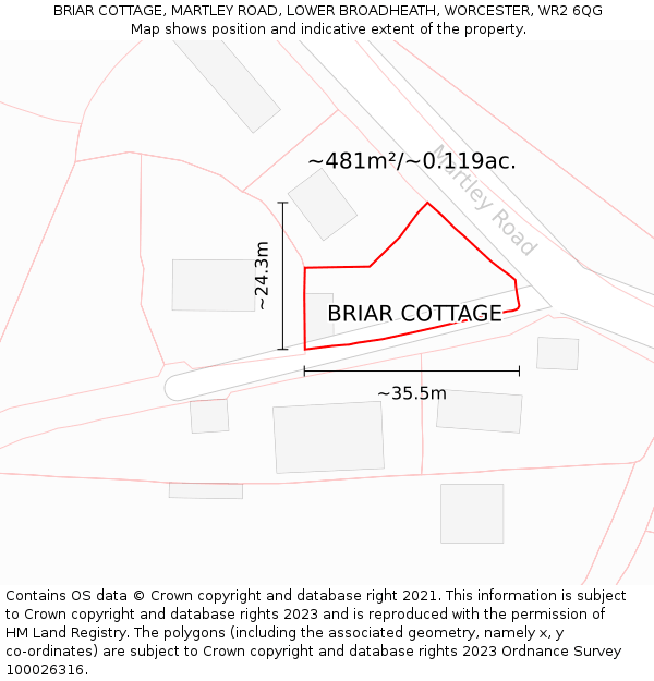 BRIAR COTTAGE, MARTLEY ROAD, LOWER BROADHEATH, WORCESTER, WR2 6QG: Plot and title map