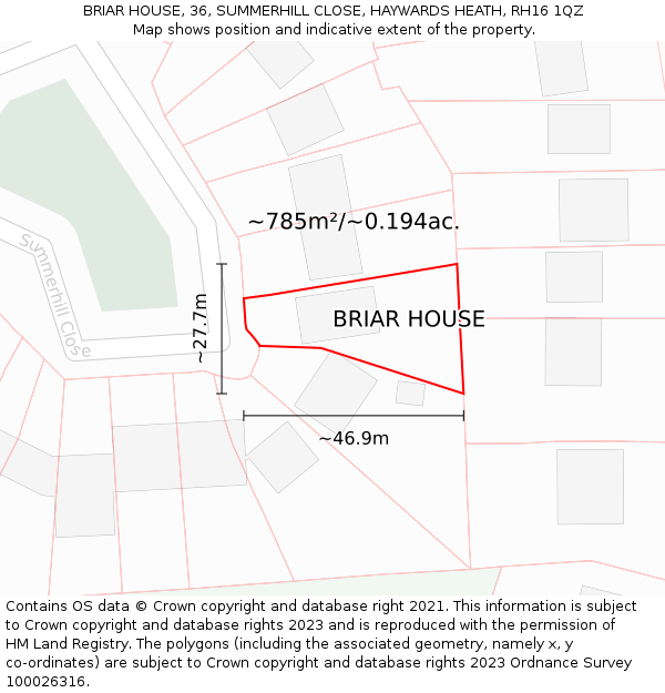 BRIAR HOUSE, 36, SUMMERHILL CLOSE, HAYWARDS HEATH, RH16 1QZ: Plot and title map