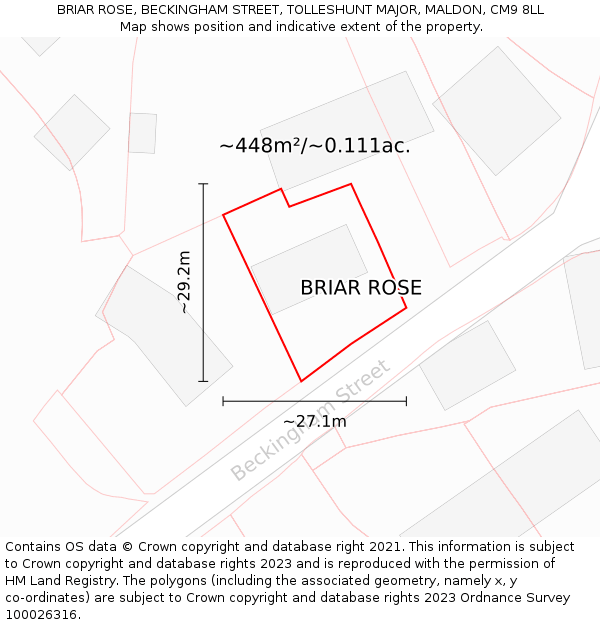 BRIAR ROSE, BECKINGHAM STREET, TOLLESHUNT MAJOR, MALDON, CM9 8LL: Plot and title map