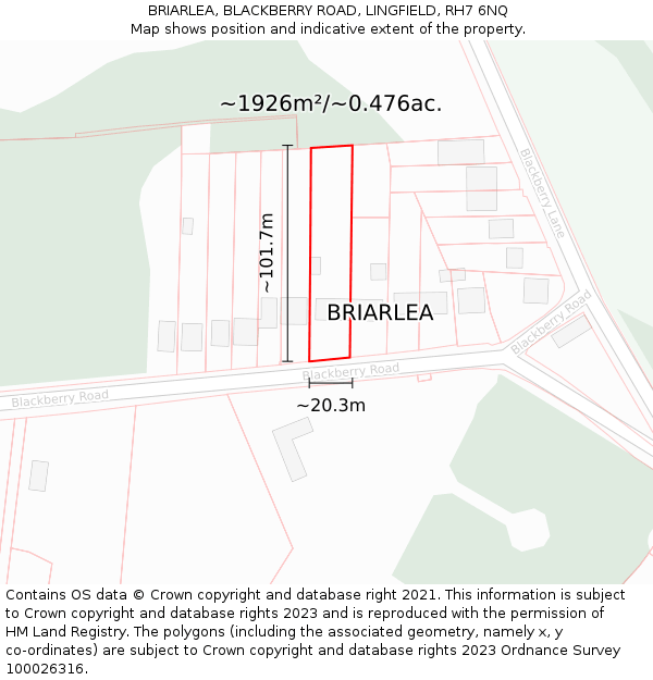 BRIARLEA, BLACKBERRY ROAD, LINGFIELD, RH7 6NQ: Plot and title map