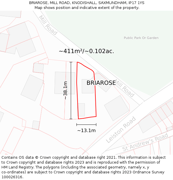 BRIAROSE, MILL ROAD, KNODISHALL, SAXMUNDHAM, IP17 1YS: Plot and title map