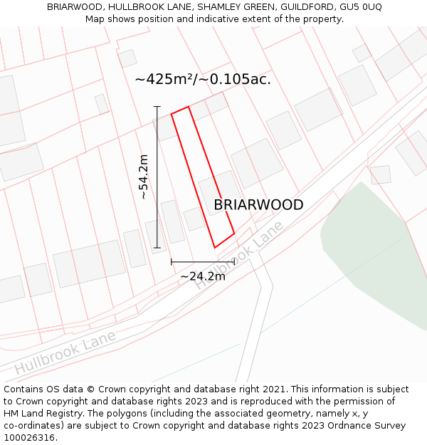 BRIARWOOD, HULLBROOK LANE, SHAMLEY GREEN, GUILDFORD, GU5 0UQ: Plot and title map