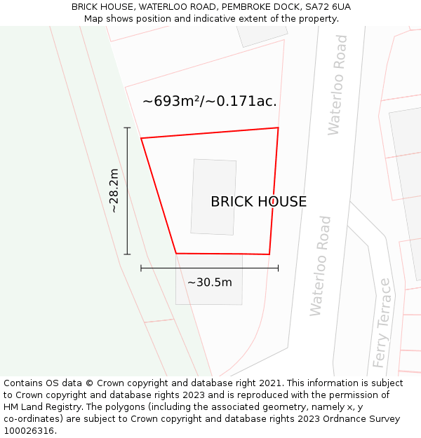BRICK HOUSE, WATERLOO ROAD, PEMBROKE DOCK, SA72 6UA: Plot and title map