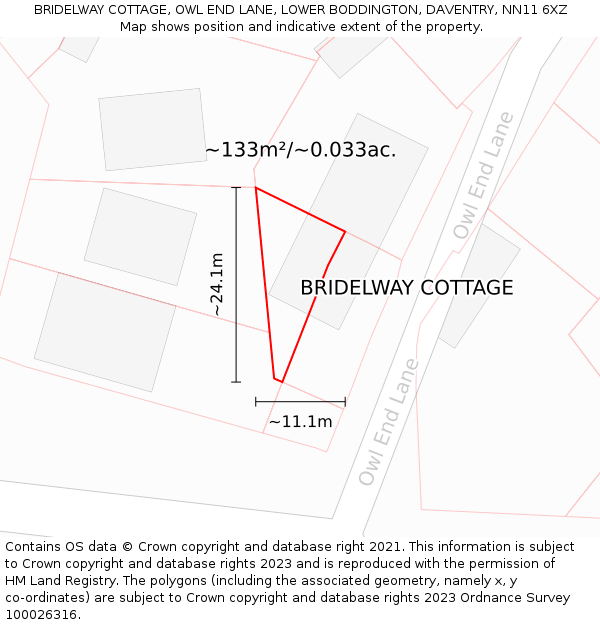BRIDELWAY COTTAGE, OWL END LANE, LOWER BODDINGTON, DAVENTRY, NN11 6XZ: Plot and title map