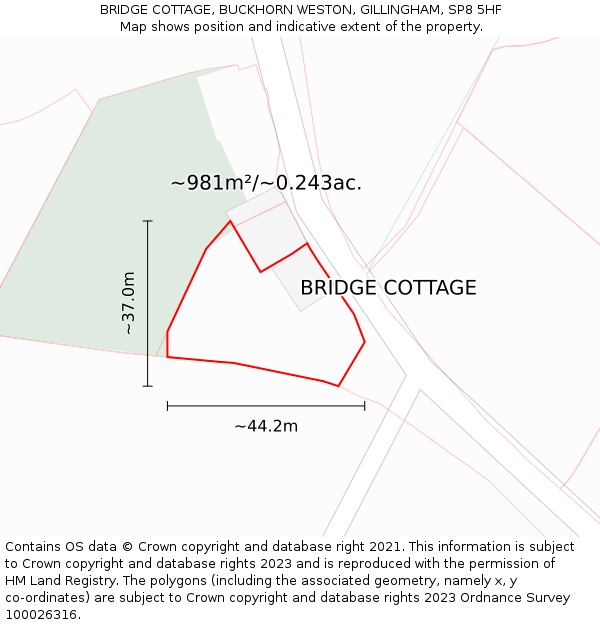 BRIDGE COTTAGE, BUCKHORN WESTON, GILLINGHAM, SP8 5HF: Plot and title map