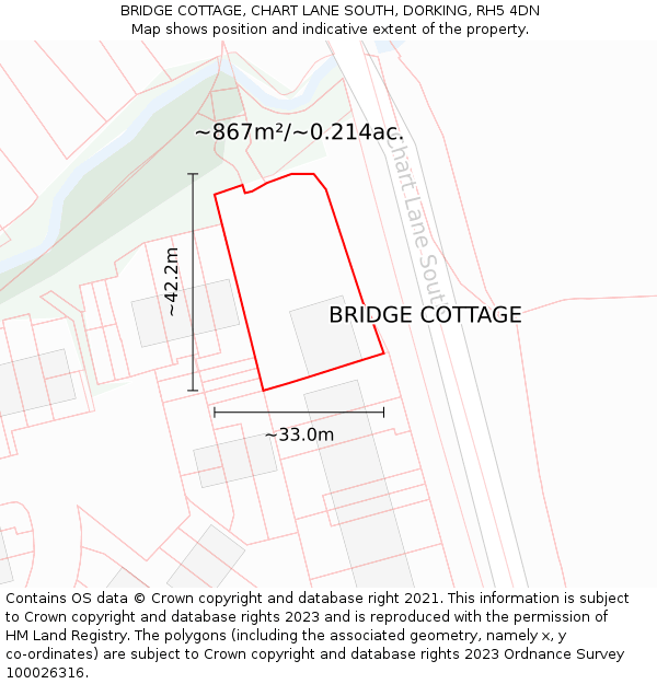 BRIDGE COTTAGE, CHART LANE SOUTH, DORKING, RH5 4DN: Plot and title map