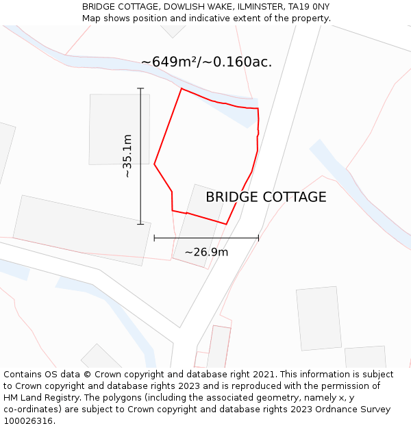 BRIDGE COTTAGE, DOWLISH WAKE, ILMINSTER, TA19 0NY: Plot and title map