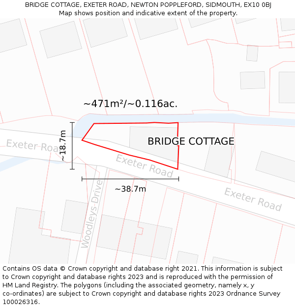 BRIDGE COTTAGE, EXETER ROAD, NEWTON POPPLEFORD, SIDMOUTH, EX10 0BJ: Plot and title map