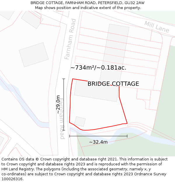 BRIDGE COTTAGE, FARNHAM ROAD, PETERSFIELD, GU32 2AW: Plot and title map