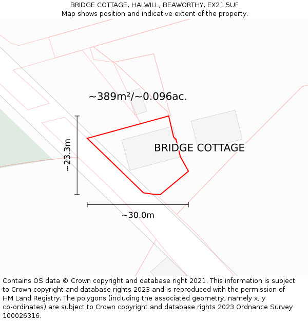BRIDGE COTTAGE, HALWILL, BEAWORTHY, EX21 5UF: Plot and title map