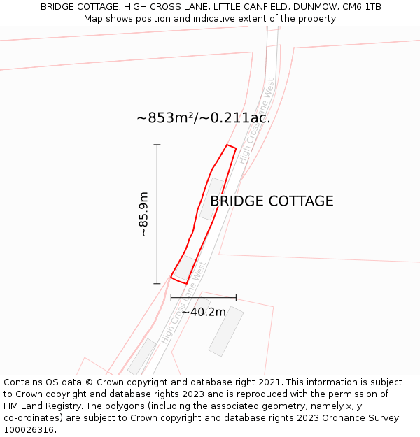 BRIDGE COTTAGE, HIGH CROSS LANE, LITTLE CANFIELD, DUNMOW, CM6 1TB: Plot and title map