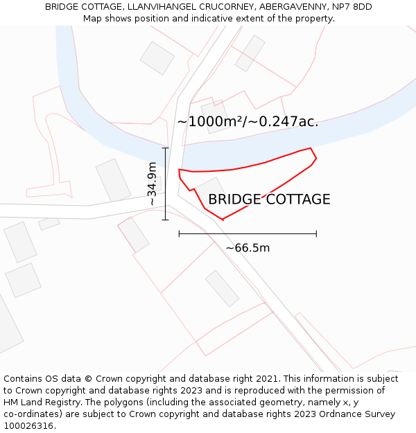 BRIDGE COTTAGE, LLANVIHANGEL CRUCORNEY, ABERGAVENNY, NP7 8DD: Plot and title map