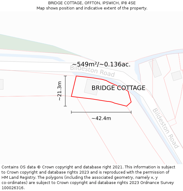 BRIDGE COTTAGE, OFFTON, IPSWICH, IP8 4SE: Plot and title map