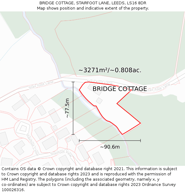 BRIDGE COTTAGE, STAIRFOOT LANE, LEEDS, LS16 8DR: Plot and title map