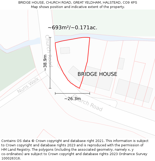 BRIDGE HOUSE, CHURCH ROAD, GREAT YELDHAM, HALSTEAD, CO9 4PS: Plot and title map