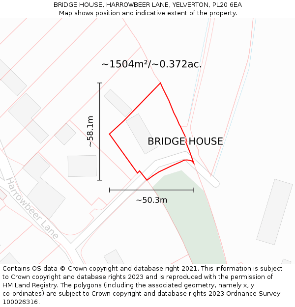BRIDGE HOUSE, HARROWBEER LANE, YELVERTON, PL20 6EA: Plot and title map