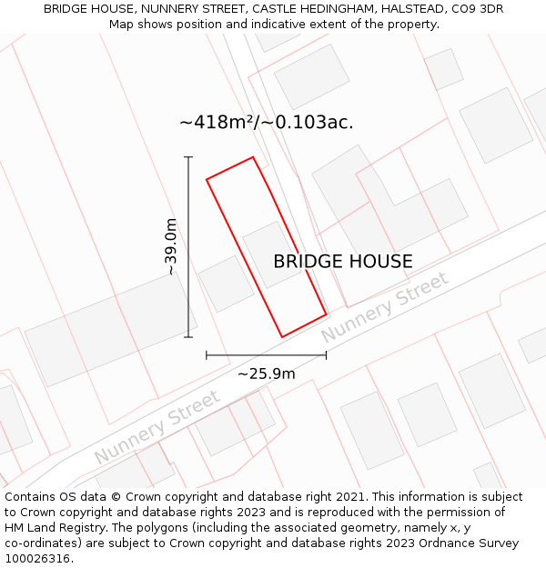 BRIDGE HOUSE, NUNNERY STREET, CASTLE HEDINGHAM, HALSTEAD, CO9 3DR: Plot and title map