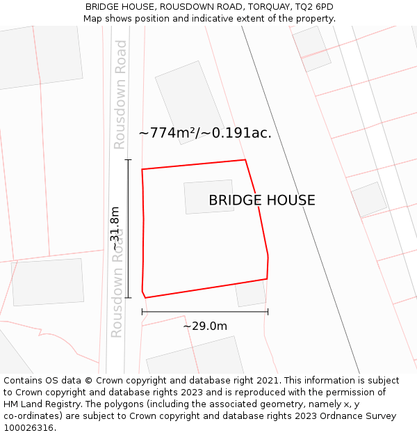 BRIDGE HOUSE, ROUSDOWN ROAD, TORQUAY, TQ2 6PD: Plot and title map