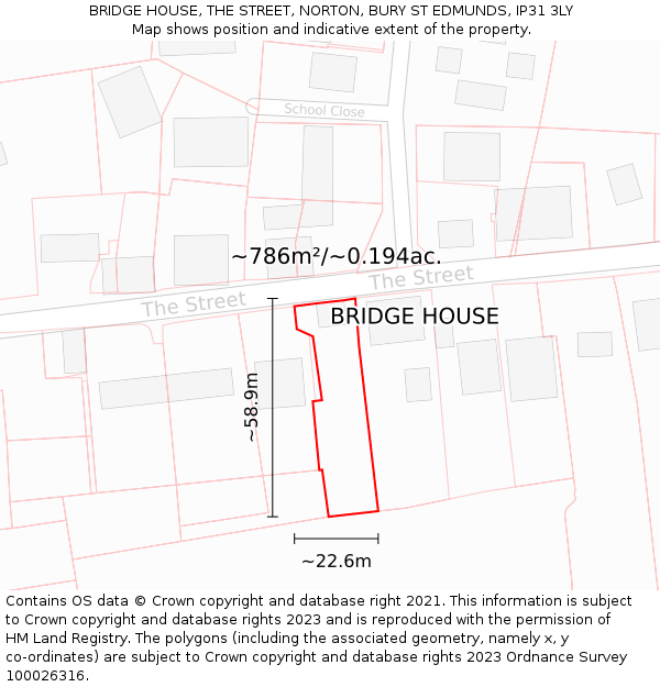 BRIDGE HOUSE, THE STREET, NORTON, BURY ST EDMUNDS, IP31 3LY: Plot and title map