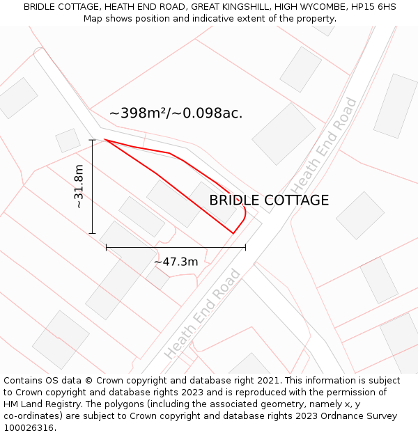 BRIDLE COTTAGE, HEATH END ROAD, GREAT KINGSHILL, HIGH WYCOMBE, HP15 6HS: Plot and title map