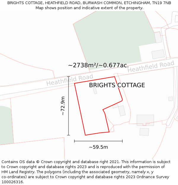 BRIGHTS COTTAGE, HEATHFIELD ROAD, BURWASH COMMON, ETCHINGHAM, TN19 7NB: Plot and title map