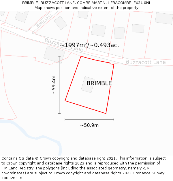 BRIMBLE, BUZZACOTT LANE, COMBE MARTIN, ILFRACOMBE, EX34 0NL: Plot and title map