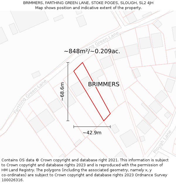 BRIMMERS, FARTHING GREEN LANE, STOKE POGES, SLOUGH, SL2 4JH: Plot and title map