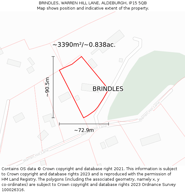 BRINDLES, WARREN HILL LANE, ALDEBURGH, IP15 5QB: Plot and title map