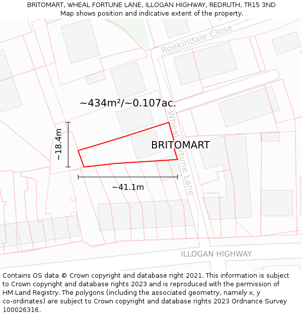 BRITOMART, WHEAL FORTUNE LANE, ILLOGAN HIGHWAY, REDRUTH, TR15 3ND: Plot and title map