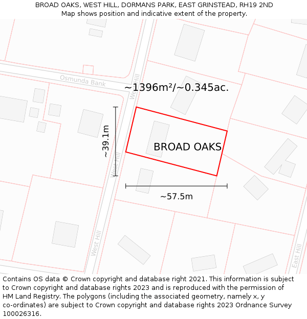 BROAD OAKS, WEST HILL, DORMANS PARK, EAST GRINSTEAD, RH19 2ND: Plot and title map