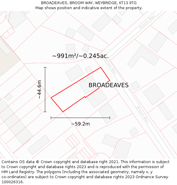 BROADEAVES, BROOM WAY, WEYBRIDGE, KT13 9TG: Plot and title map