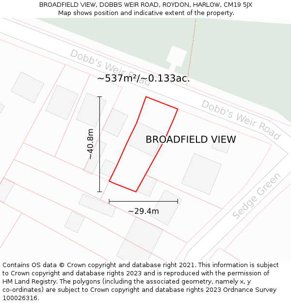 BROADFIELD VIEW, DOBBS WEIR ROAD, ROYDON, HARLOW, CM19 5JX: Plot and title map
