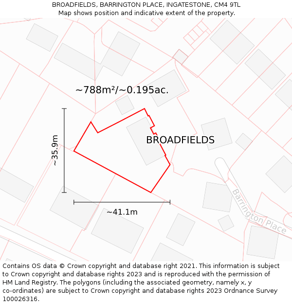 BROADFIELDS, BARRINGTON PLACE, INGATESTONE, CM4 9TL: Plot and title map