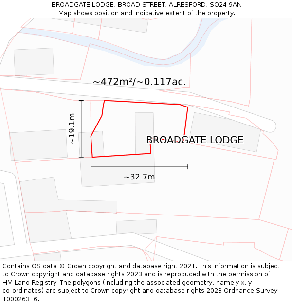 BROADGATE LODGE, BROAD STREET, ALRESFORD, SO24 9AN: Plot and title map