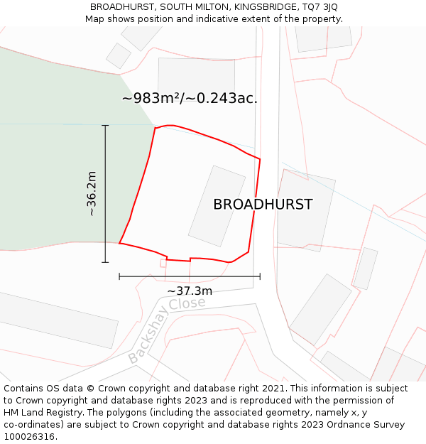 BROADHURST, SOUTH MILTON, KINGSBRIDGE, TQ7 3JQ: Plot and title map