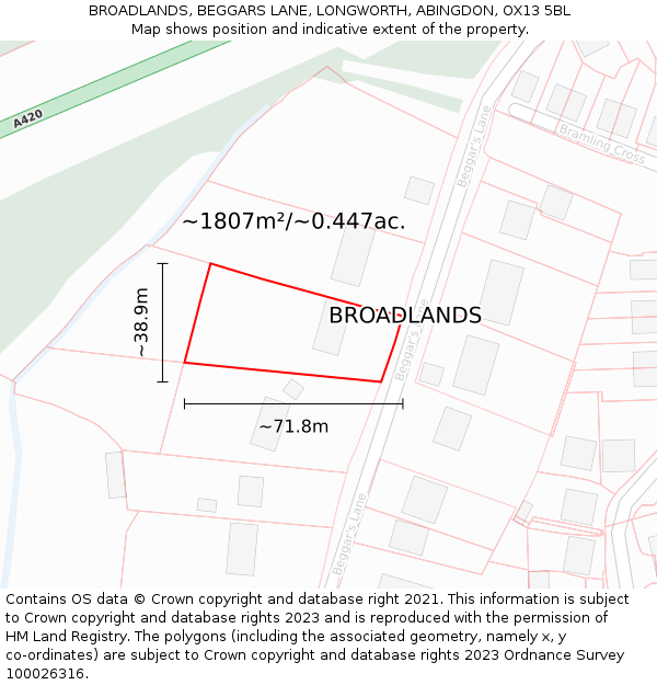 BROADLANDS, BEGGARS LANE, LONGWORTH, ABINGDON, OX13 5BL: Plot and title map