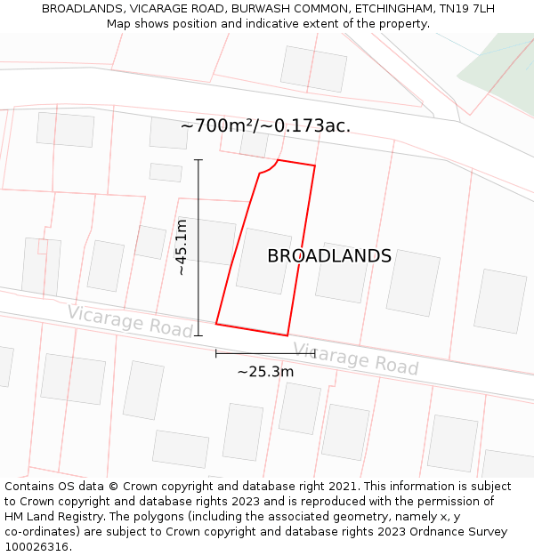 BROADLANDS, VICARAGE ROAD, BURWASH COMMON, ETCHINGHAM, TN19 7LH: Plot and title map