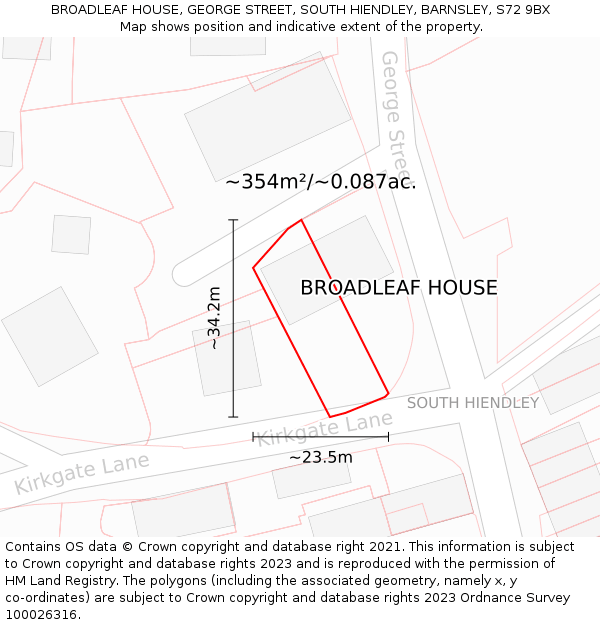 BROADLEAF HOUSE, GEORGE STREET, SOUTH HIENDLEY, BARNSLEY, S72 9BX: Plot and title map