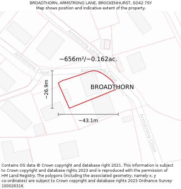 BROADTHORN, ARMSTRONG LANE, BROCKENHURST, SO42 7SY: Plot and title map