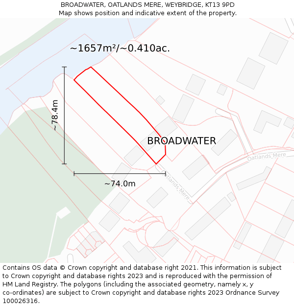 BROADWATER, OATLANDS MERE, WEYBRIDGE, KT13 9PD: Plot and title map