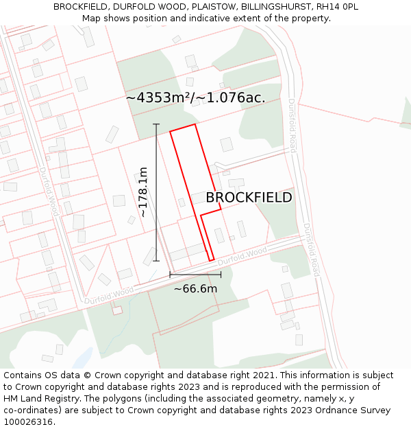 BROCKFIELD, DURFOLD WOOD, PLAISTOW, BILLINGSHURST, RH14 0PL: Plot and title map