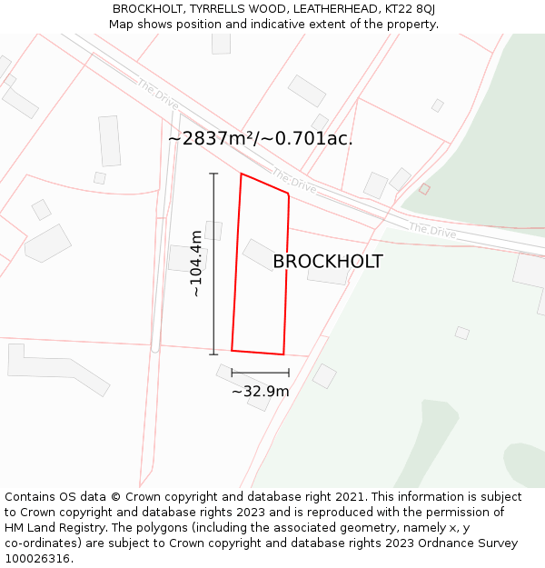 BROCKHOLT, TYRRELLS WOOD, LEATHERHEAD, KT22 8QJ: Plot and title map