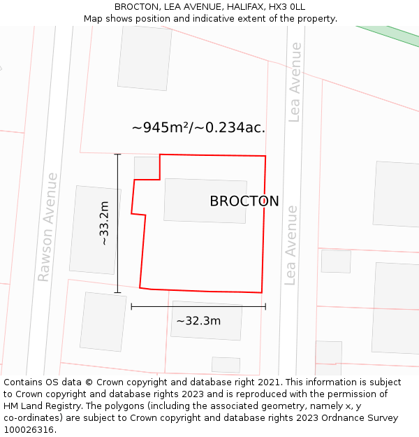 BROCTON, LEA AVENUE, HALIFAX, HX3 0LL: Plot and title map