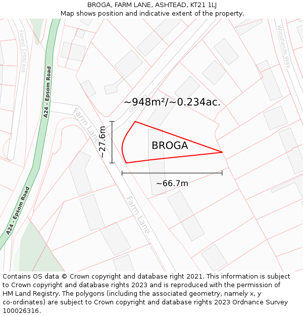 BROGA, FARM LANE, ASHTEAD, KT21 1LJ: Plot and title map