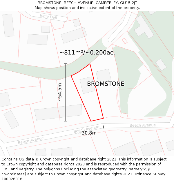 BROMSTONE, BEECH AVENUE, CAMBERLEY, GU15 2JT: Plot and title map