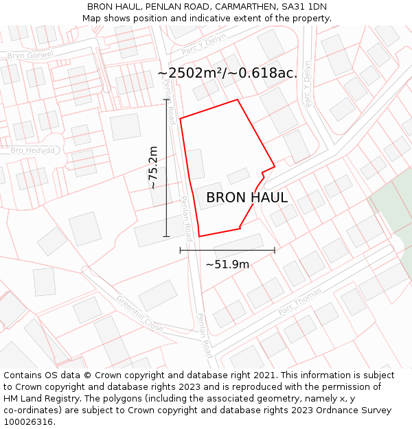 BRON HAUL, PENLAN ROAD, CARMARTHEN, SA31 1DN: Plot and title map