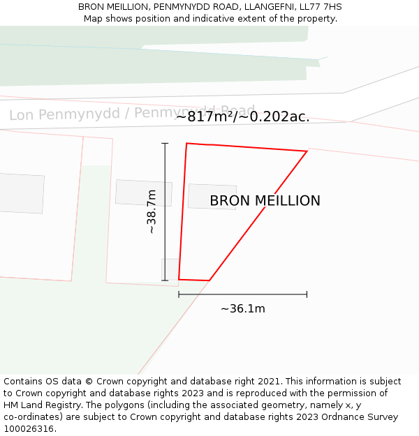 BRON MEILLION, PENMYNYDD ROAD, LLANGEFNI, LL77 7HS: Plot and title map